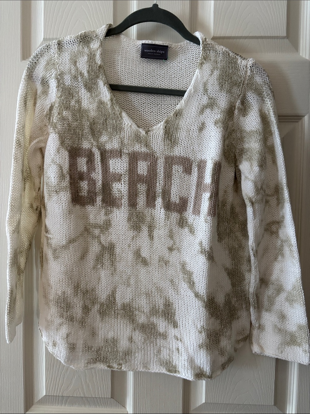 Wooden Ships Ivory & Olive Tie-Dye V-Neck Sweater with BEACH Graphic